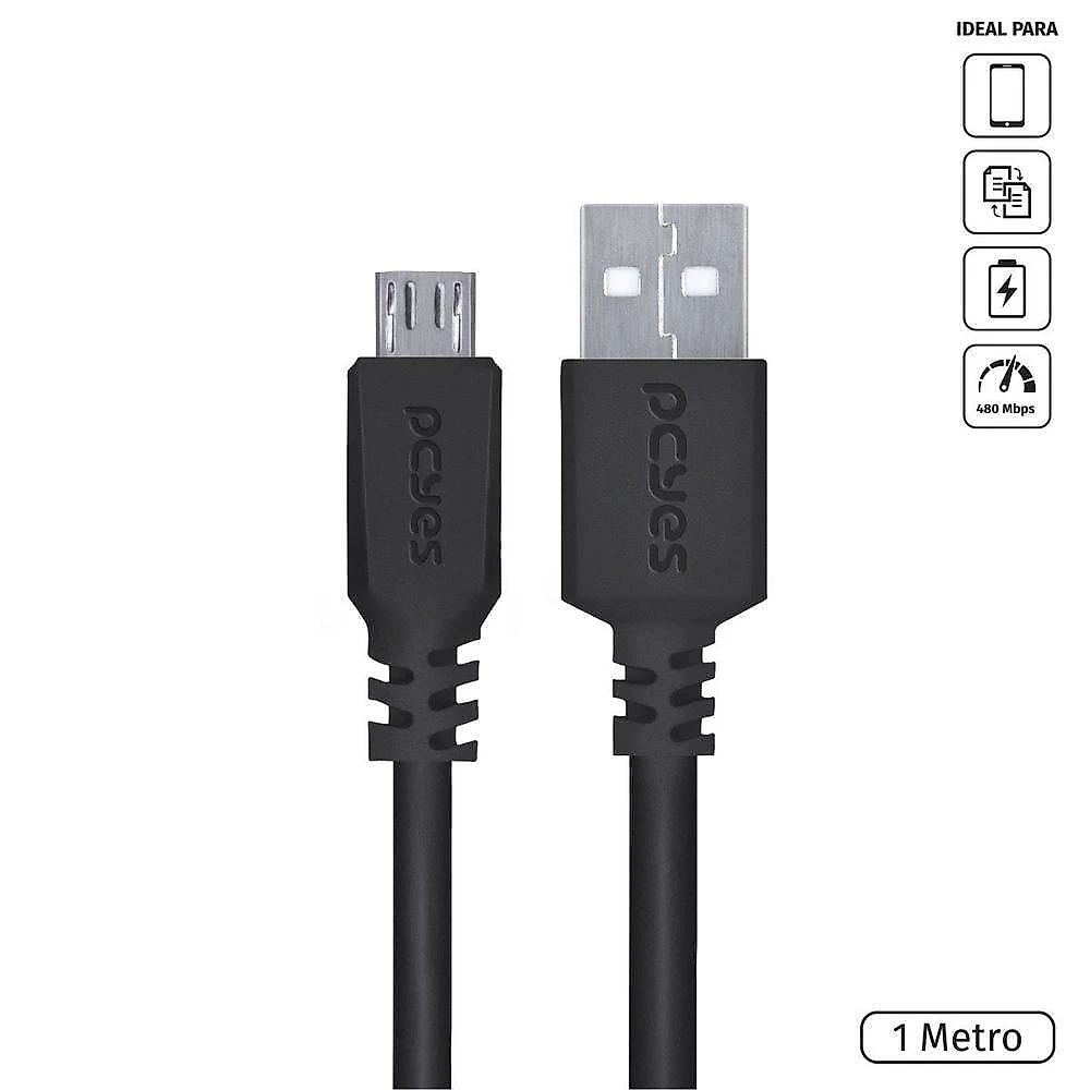 Cabo Micro USB para USB a 2.0 Pcyes para Celular Carregamento 5V 3A Dados 480 MBPS Preto 1M