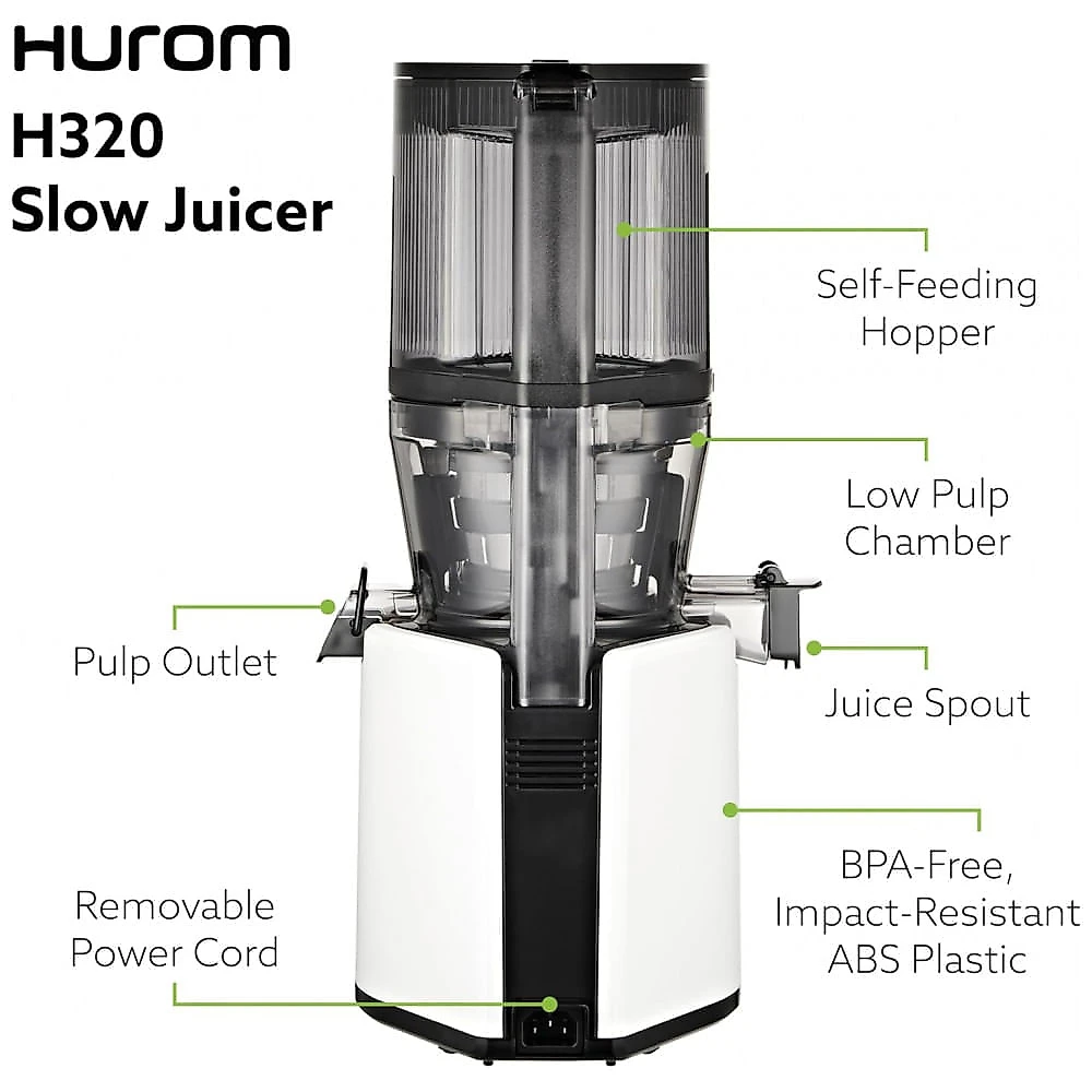 Extrator de Suco Hurom H320 Cold Press, Fácil de Limpar, Máquina de Sucos Lenta, Filtros Grossos, Autoalimentação, Sem as Mãos, Tamanho Família,