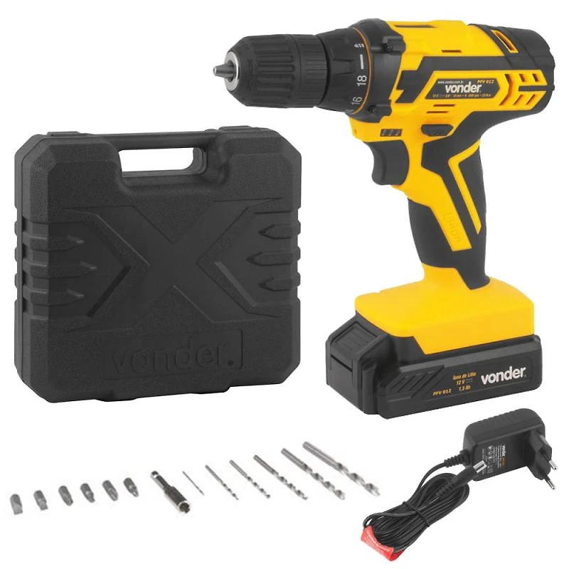 Furadeira e Parafusadeira à Bateria 12V BIVOLT PFV 012 com Kit Brocas, Bits e Trena VONDER