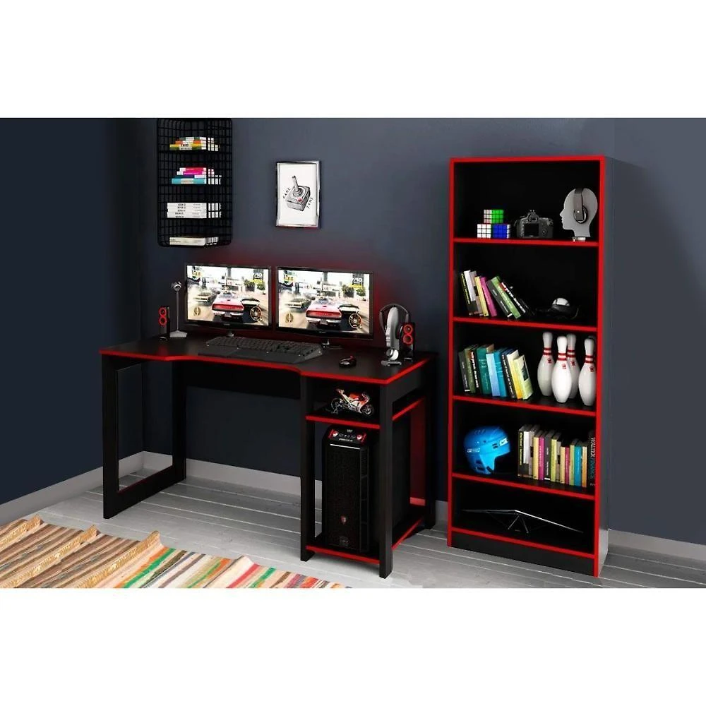 Miniatura Mesa De Computador Quarto Gamer ( De Computador + Estante) 2 Peças Preto/vermelho - Tecno Mobili