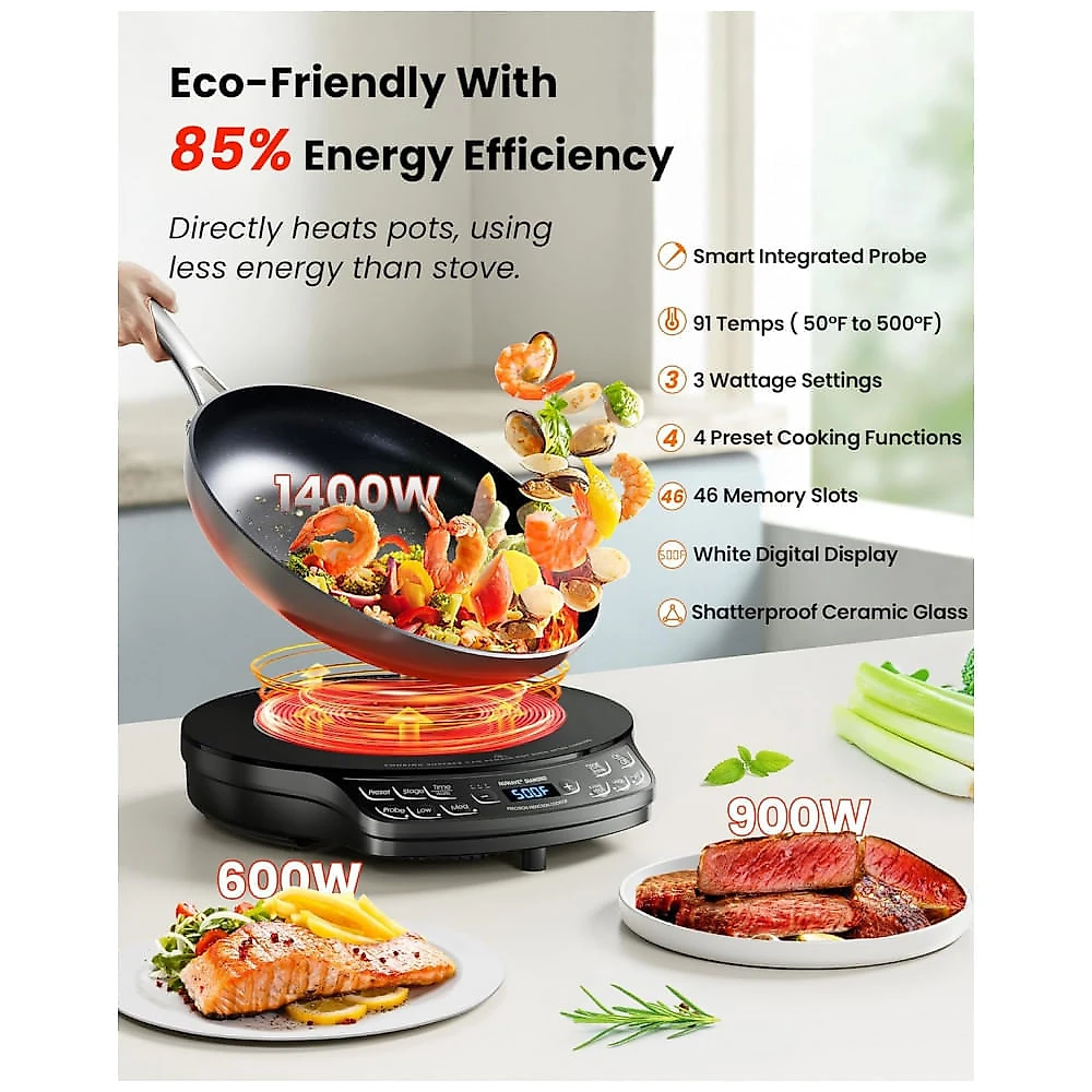 Cooktop de Indução Portátil Nuwave Diamond com Sonda, Queimador Avançado para Bancada, 91 Temperaturas de 37,7°C a 260°C, Vidro Cerâmico
