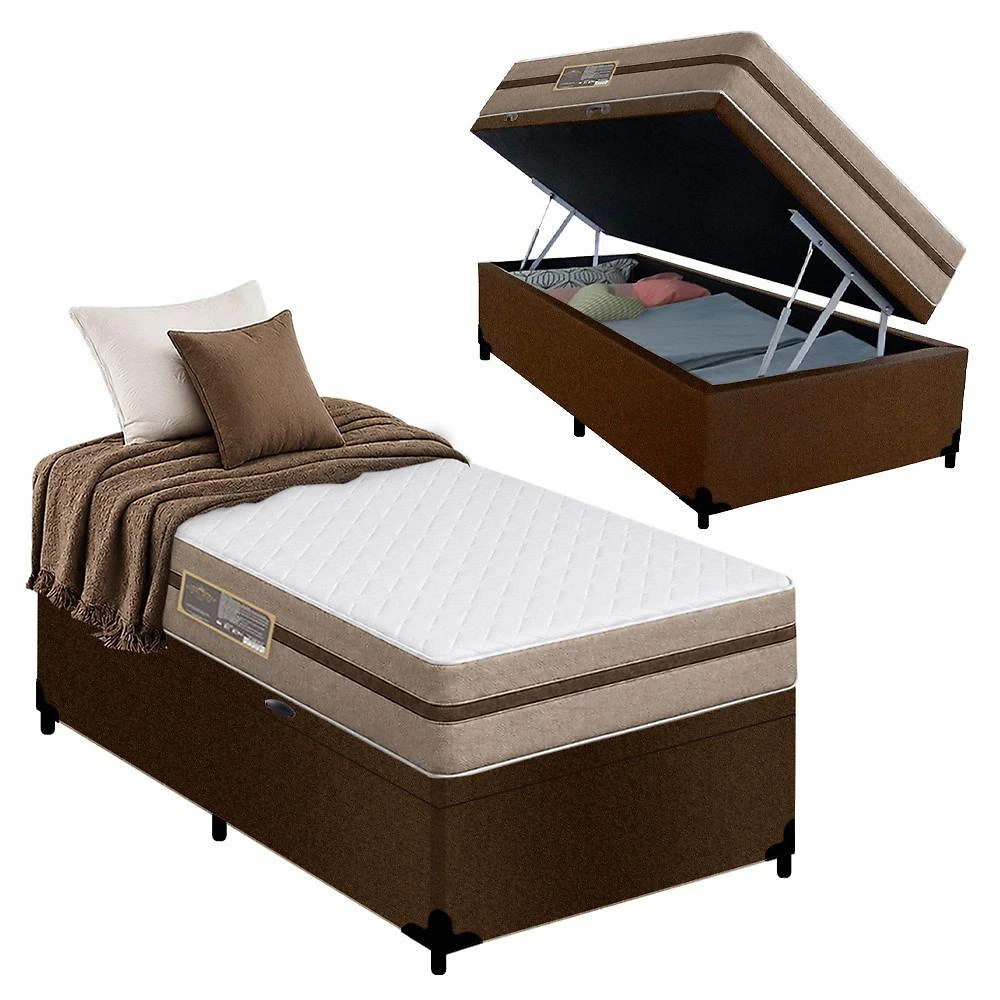 Cama Box com Baú Solteiro Bioclassic Molas Ensacadas Suede Marrom Royal Sleep 88CM