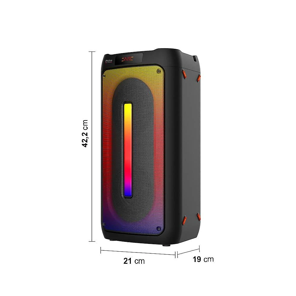 Caixa de som amplificada philco pcx4500 com bluetooth, rádio fm, alça, iluminação led e controle remoto - 300w