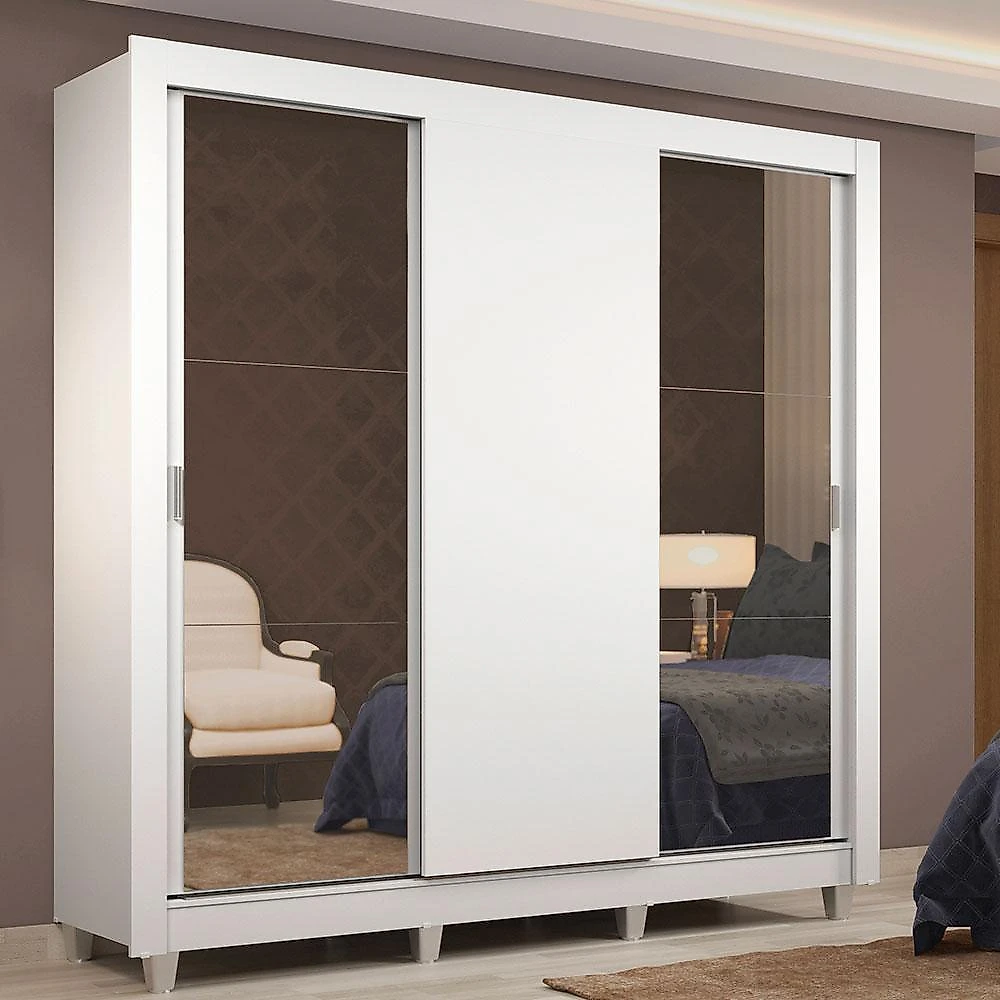 Guarda-roupa casal madesa lyon 3 portas de correr com espelhos 2 gavetas com pés branco
