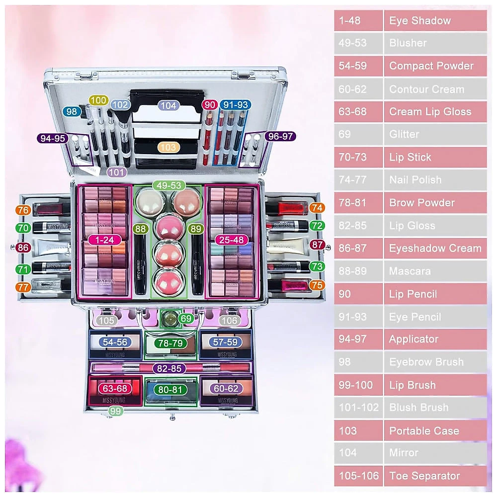 Kit de Maquiagem Essencial Tudo em Um Pure Vie, Paleta de Sombras, Batom, Corretivo, Blush, Máscara, Delineador, Pó Facial, Gloss e Pincel