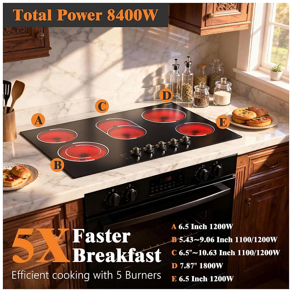 Cooktop elétrico de embutir 77 cm Jessier vitrocerâmico preto 5 zonas radiantes 8400W timer, trava de segurança e zona dupla 220V