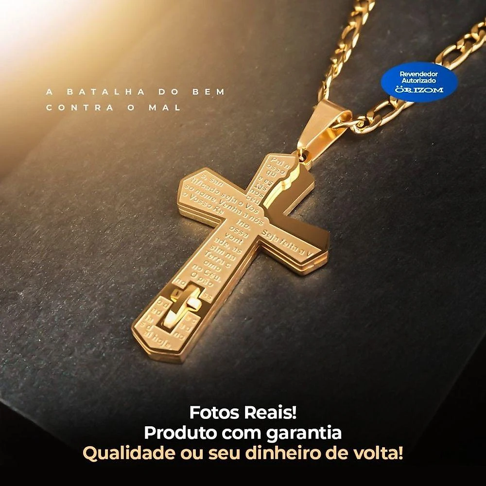 Cordão Aço Banhado Ouro + Corrente Banhada Ouro + Pingente Cruz Pai Nosso Oração