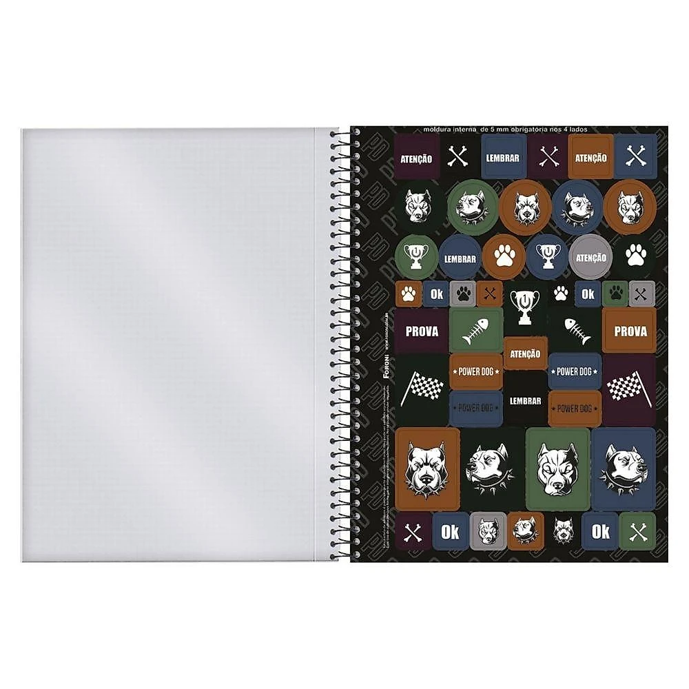 Caderno Espiral Capa Dura Foroni Power Dog 160 Folhas Pautadas 10 Matérias Formato 200X275MM Branco