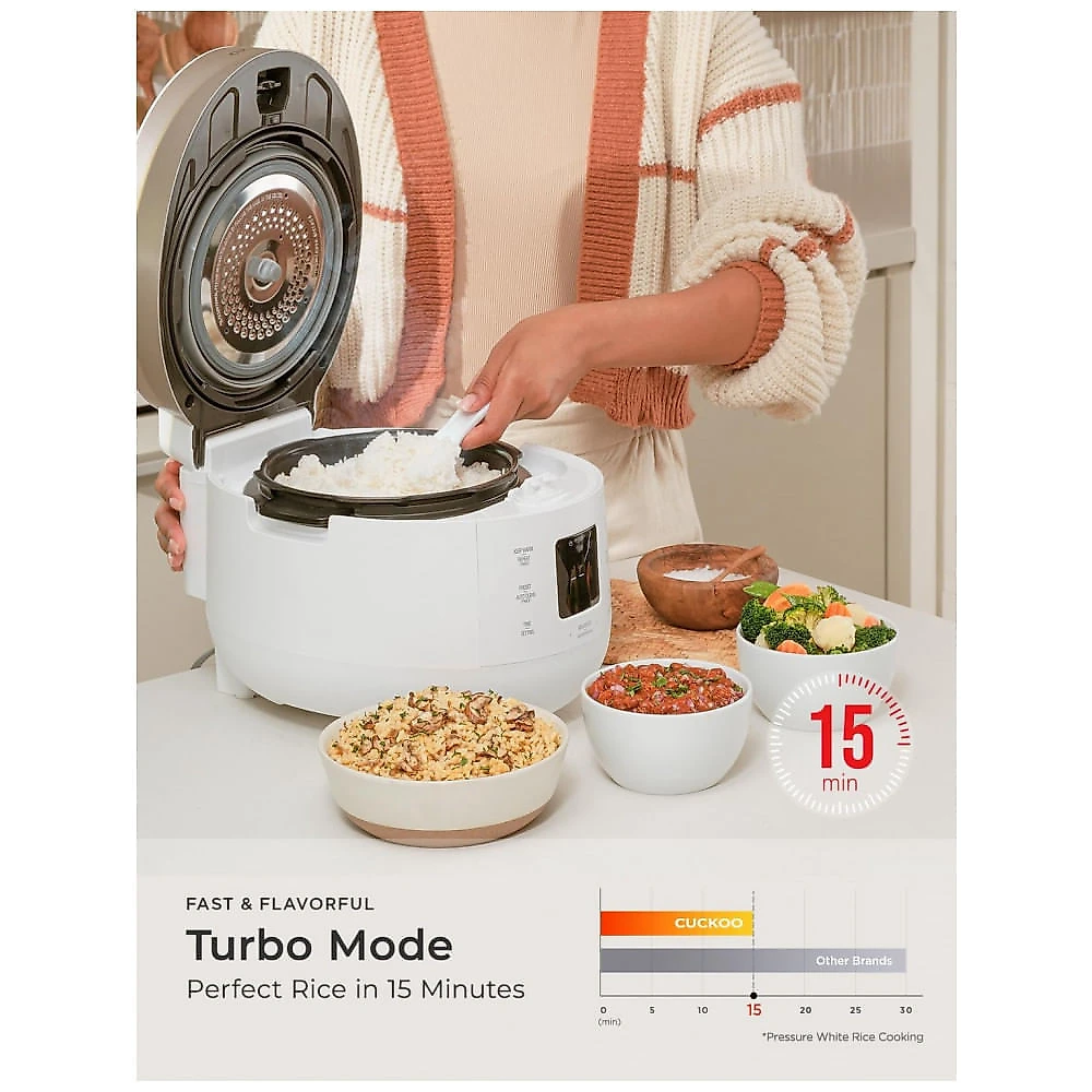 Panela Elétrica de Arroz com Pressão Cuckoo Branca 6 Xícaras 12 Xícaras Cozidas 16 Modos 880 W 120 V