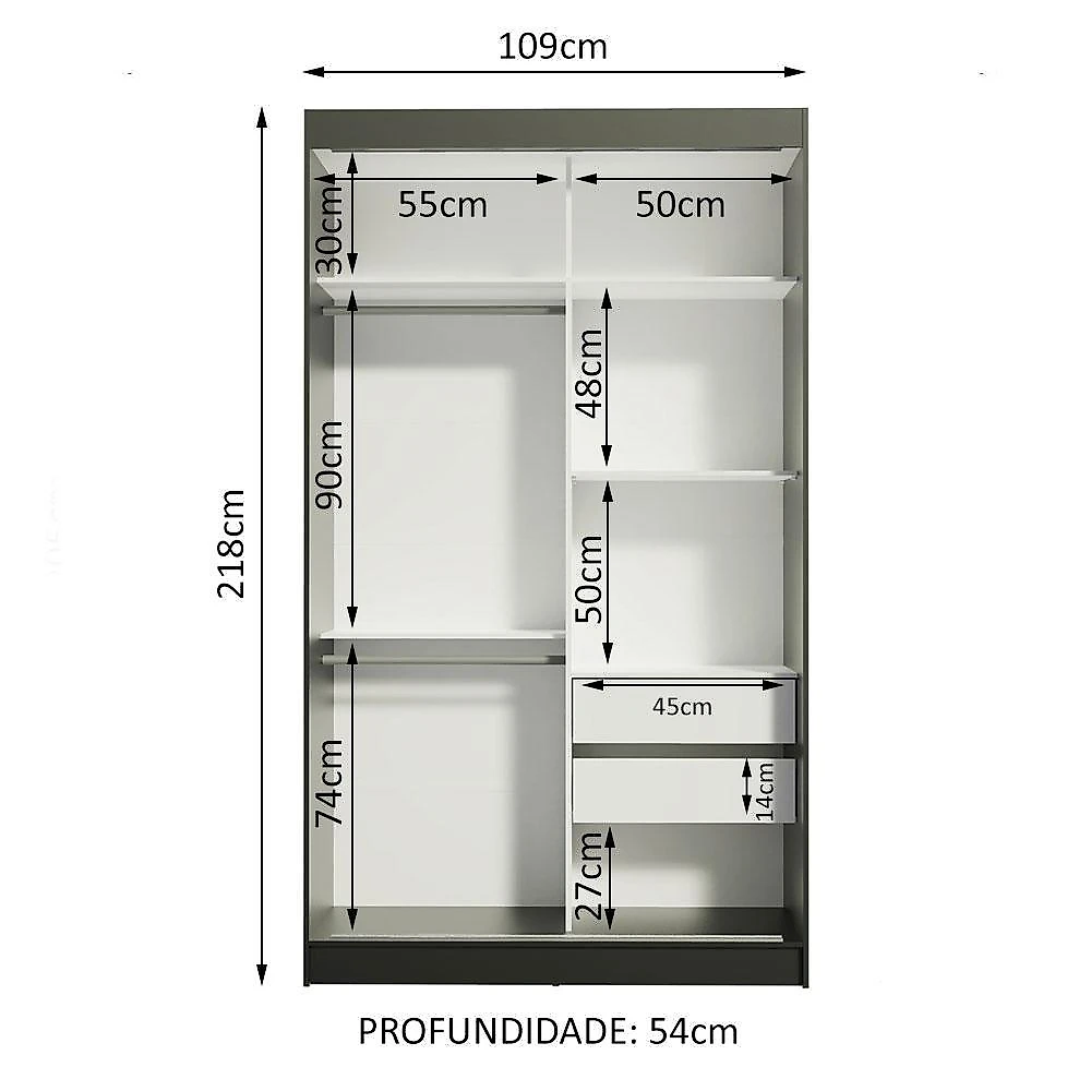 Guarda-roupa solteiro madesa tokio 2 portas de correr de espelho 2 gavetas - preto/branco