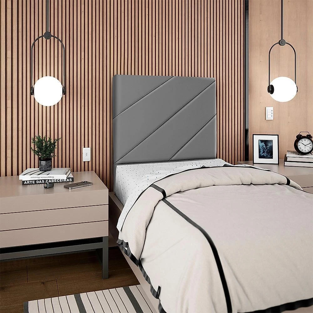 Cabeceira Solteiro 90 Cm Com Frame Cristal Corino Cinza Artte Cinza