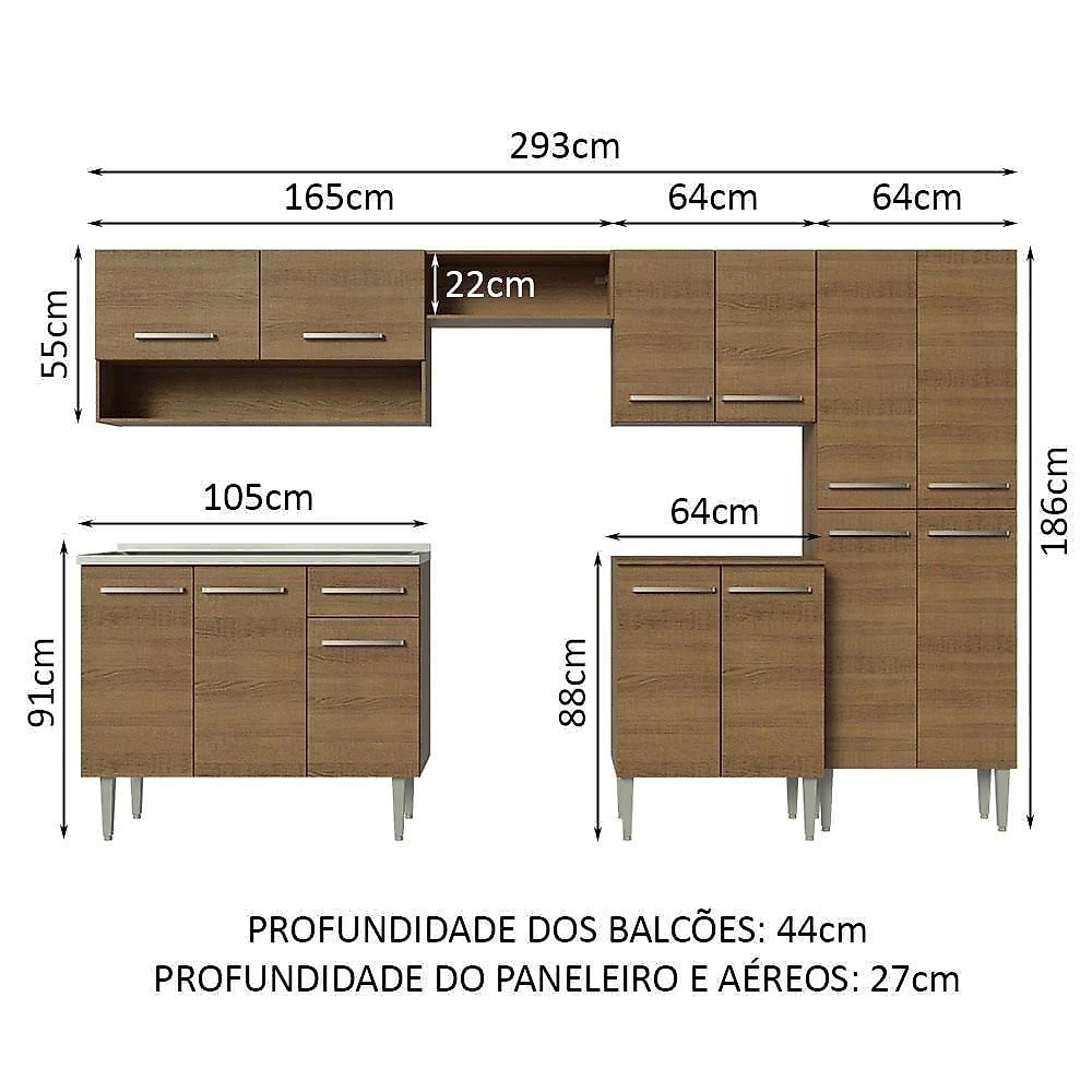 Armário De Cozinha Completa 293cm Com Pia Rustic Emilly Madesa 09 Rustic