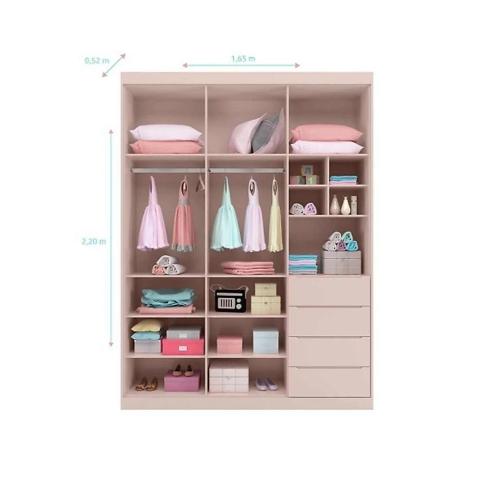 Jogo de Quarto Pérola 3 Portas 4 Gavetas + Cômoda + Berço Mini Cama MDF Rosê Phoenix Baby