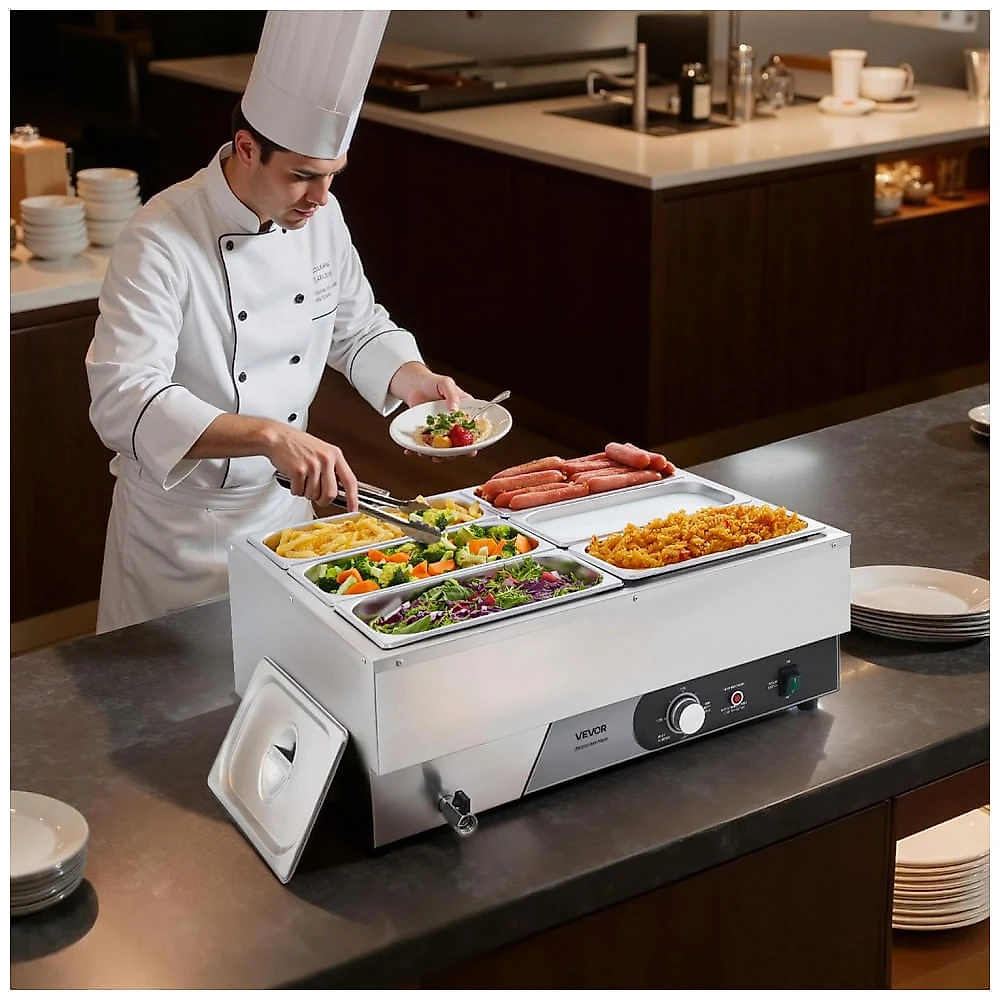 Aquecedor de Alimentos Buffet VEVOR 1500W Banho-Maria Inox 6 Cubas 1/3 Tampa Buffet 110V