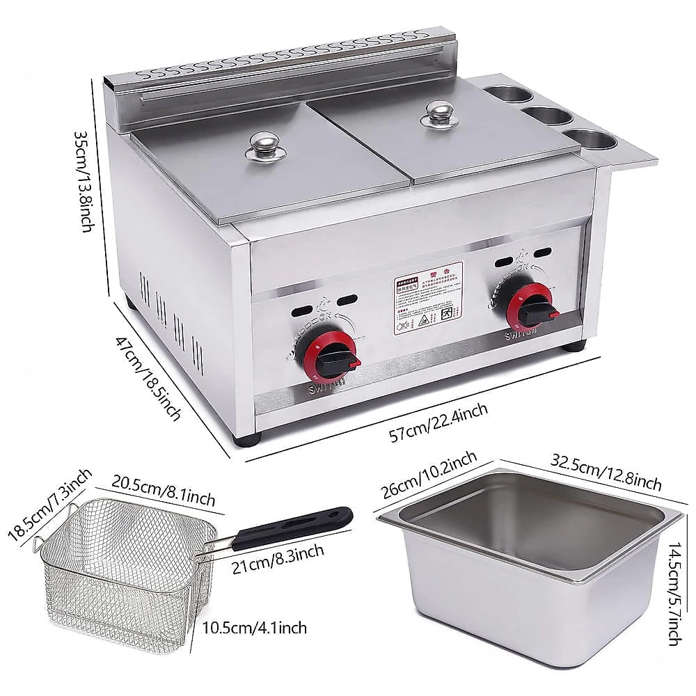 Fritadeira a Gás Dupla Profissional 12 Litros de Capacidade, Aço Inoxidável, 110V 1800 BTU, LOYALHEARTDY