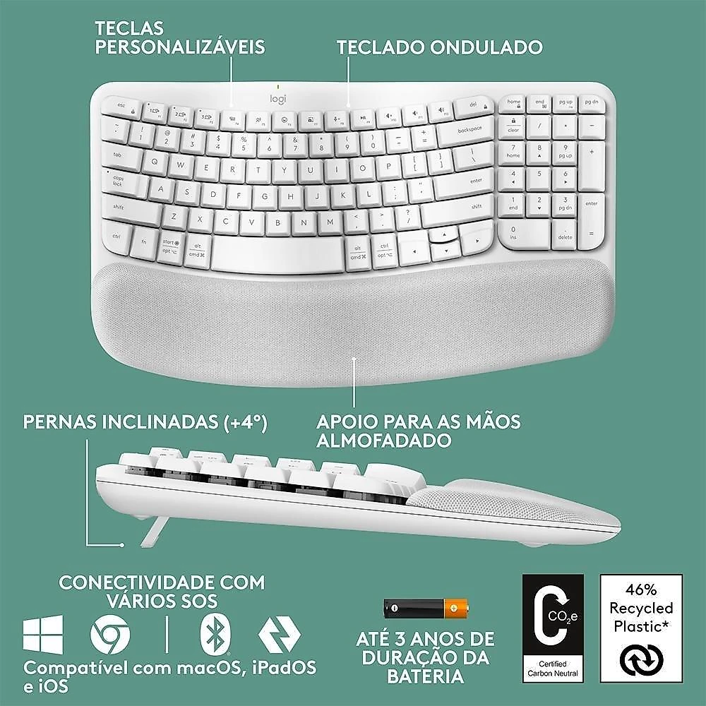 Teclado Sem Fio Logitech Wave Keys, Bluetooth, Layout US, Com Design Ondulado, Ergonômico, Branco - 920-012282