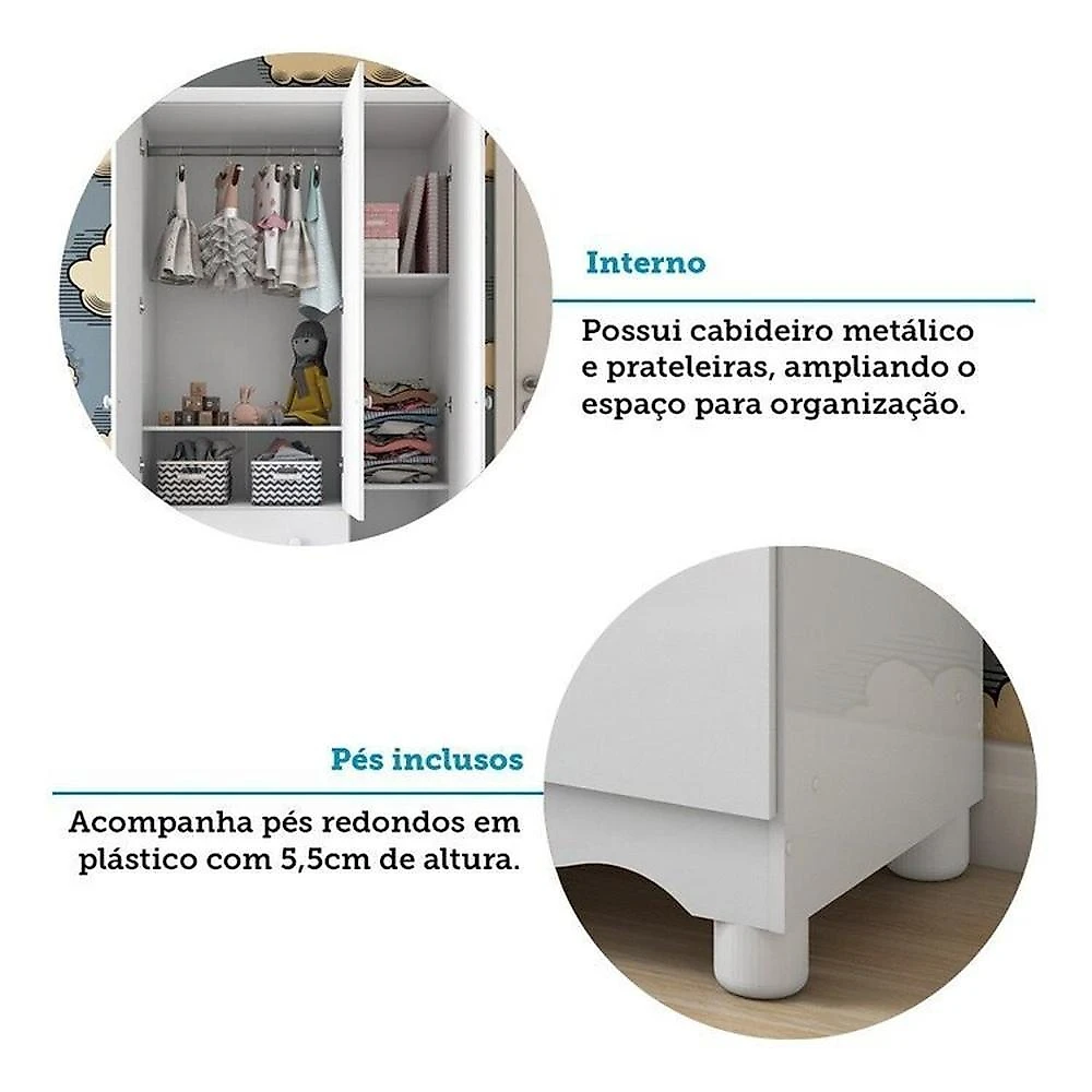 Quarto de Bebê com Guarda Roupa 3 Portas com Janelas e Berço Americano Nina 100% Mdf Espresso Móveis Branco Brilho