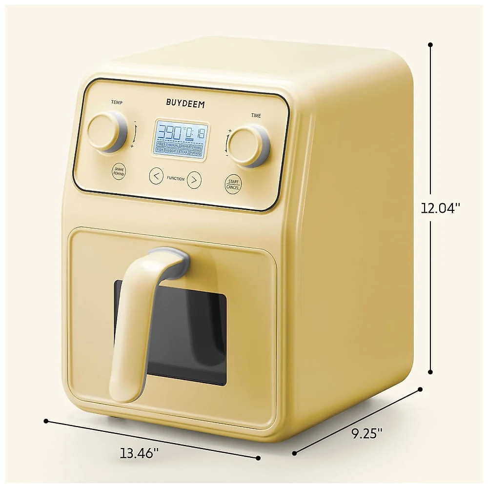 Forno Airfryer 4 Litros 8 em 1 com Janela Retrô e Lembrete de Agitar, 110V 1200W, Buydeem, Amarela 110v