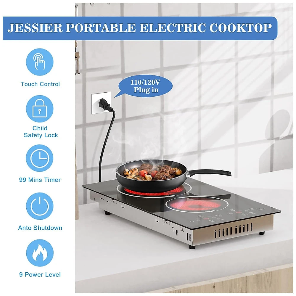 Cooktop Elétrico de 2 Bocas Embutir, Touch Control, Timer, Bloqueio de Segurança - Jessier
