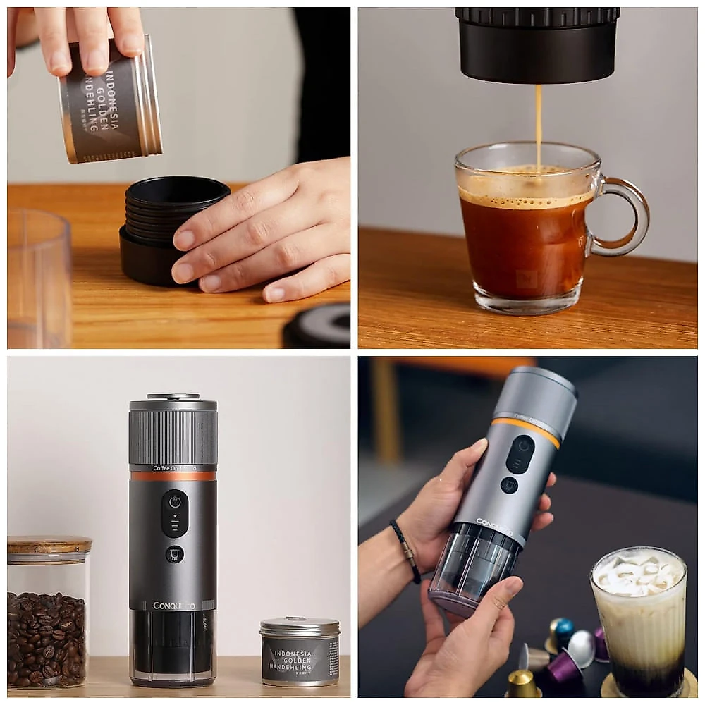 Máquina de Café Portátil USB para Carro com Bateria para Acampamento, 12V, CONQUECO, Prata
