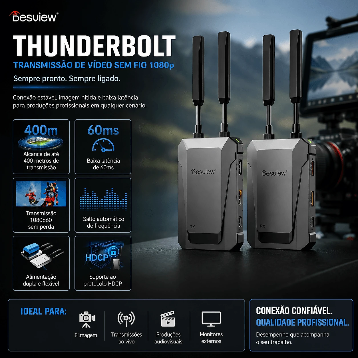 Kit Transmissor e Receptor Desview Thunderbolt HDMI Sem Fio para Câmeras e Smartphones