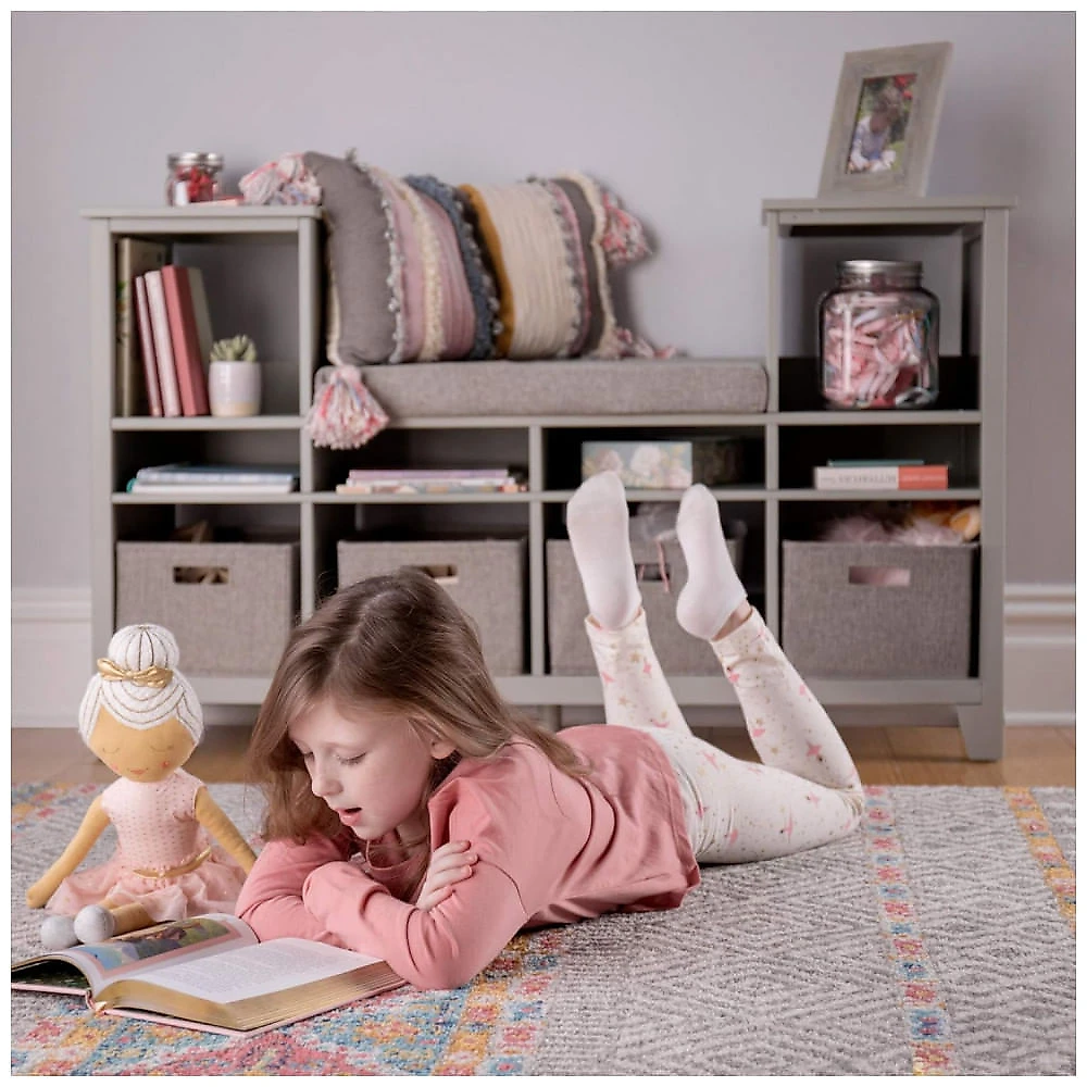 Cantinho de Leitura Infantil Martha Stewart Cinza Madeira com Assento Almofadado 6 Prateleiras 4 Cestos G76800