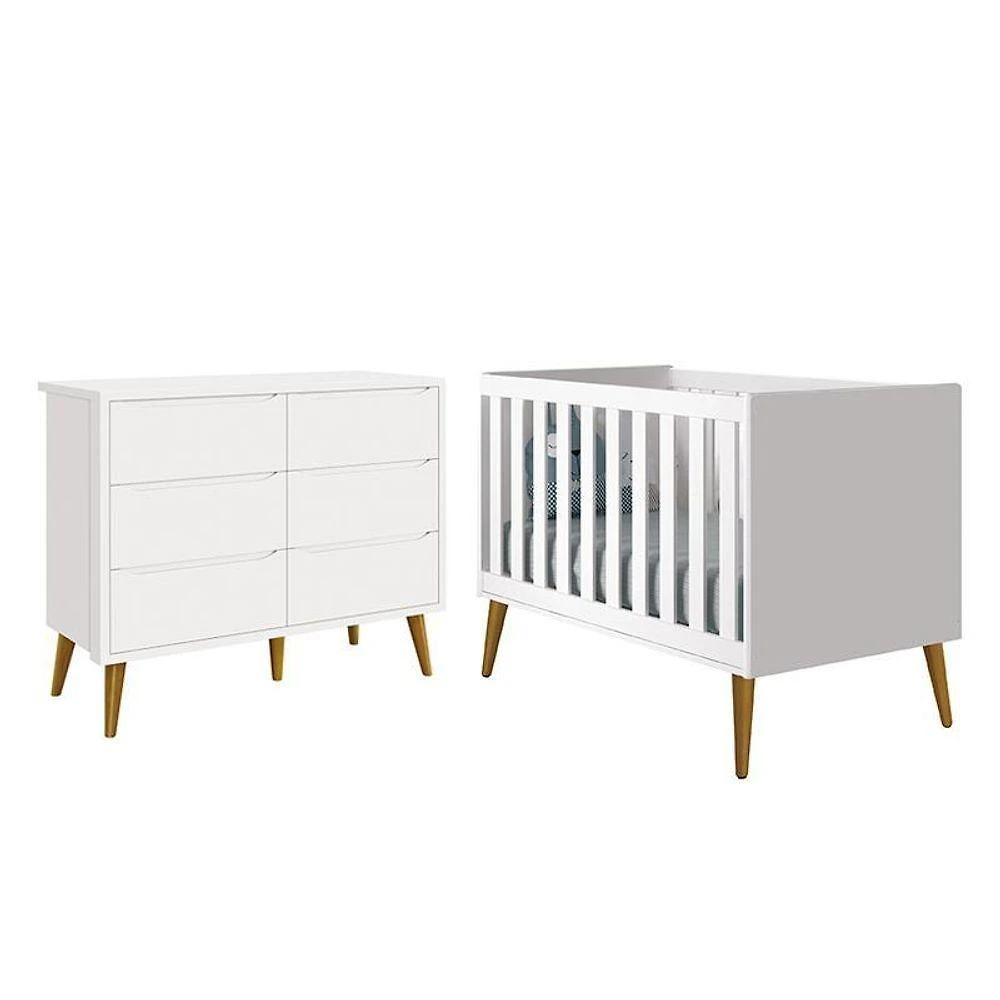 Jogo De Quarto Infantil Theo Cômoda 6 Gavetas E Berço Branco Fosco Com Pés Amadeirado - Reller Móveis Branco Fosco