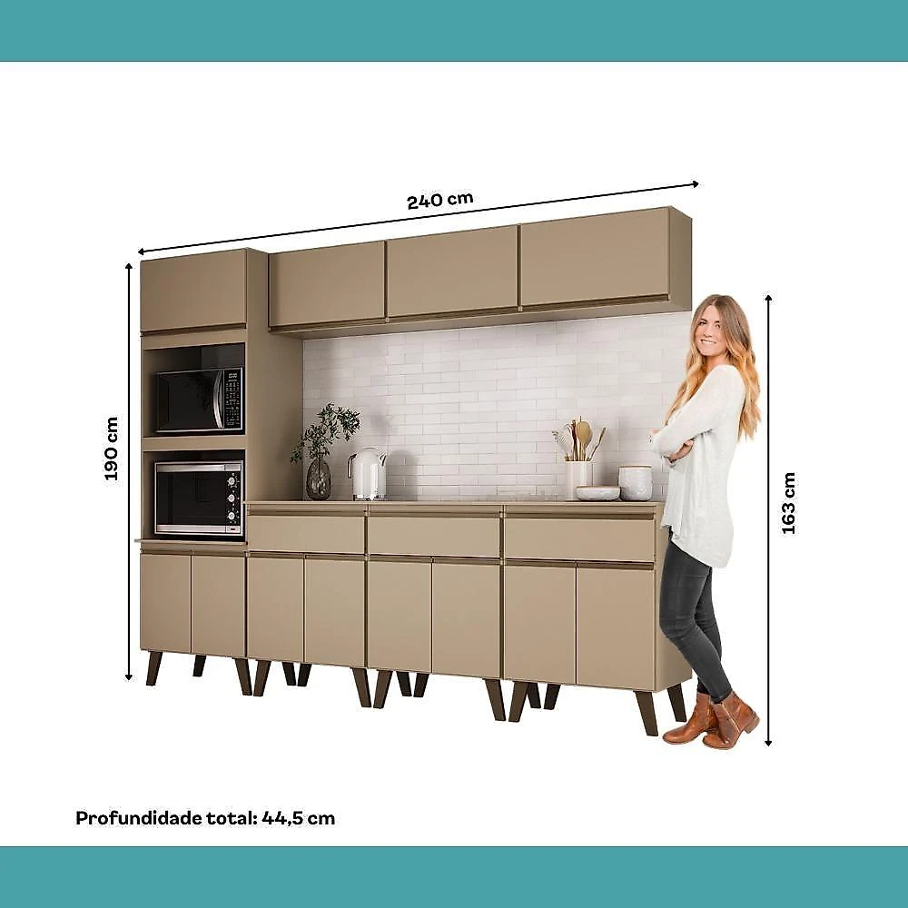 Cozinha Completa Atlanta Dean 12 Portas 3 Gavetas MDP 240CM Amêndoa