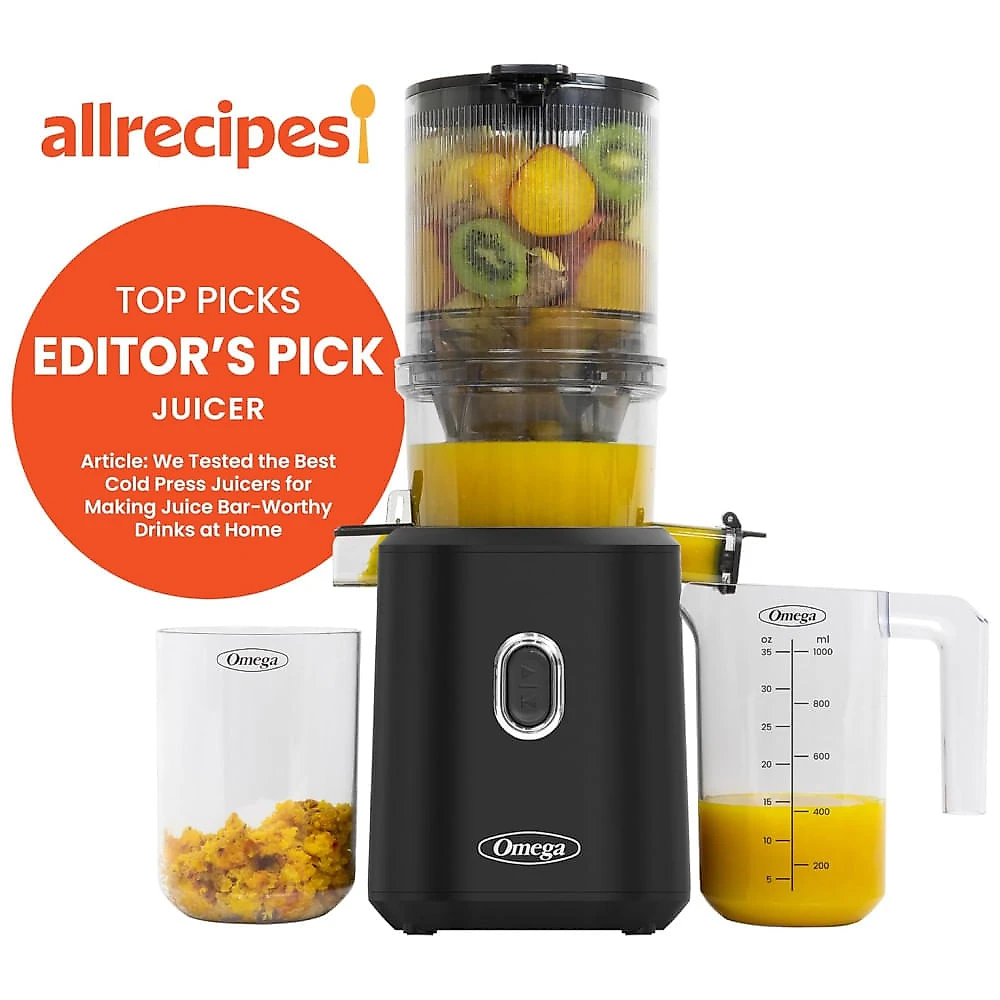 Extrator de Suco Omega Cold Press Juicer Time Saving para Sucos de Frutas e Vegetais em Lotes, 150 Watts, Preto
