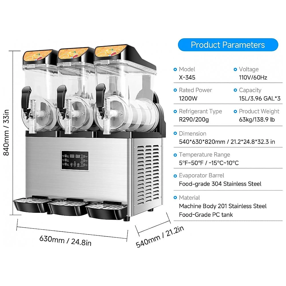 Máquina de Slush Raspadinha EKway 45L Triplo Tanque Comercial Margarita Frozen 110V