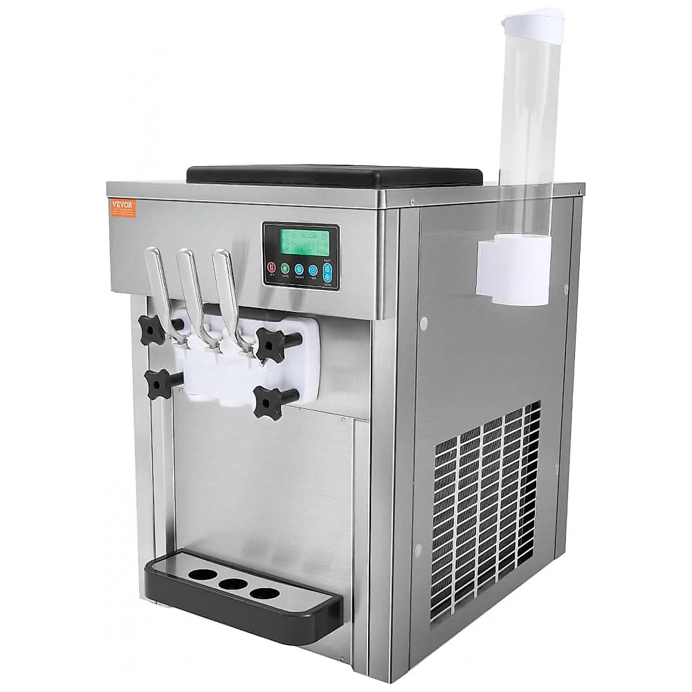 Máquina de Sorvete Soft VEVOR BQL-7220T 3 Sabores 20L/h Painel LCD Auto Limpeza Inox 110V