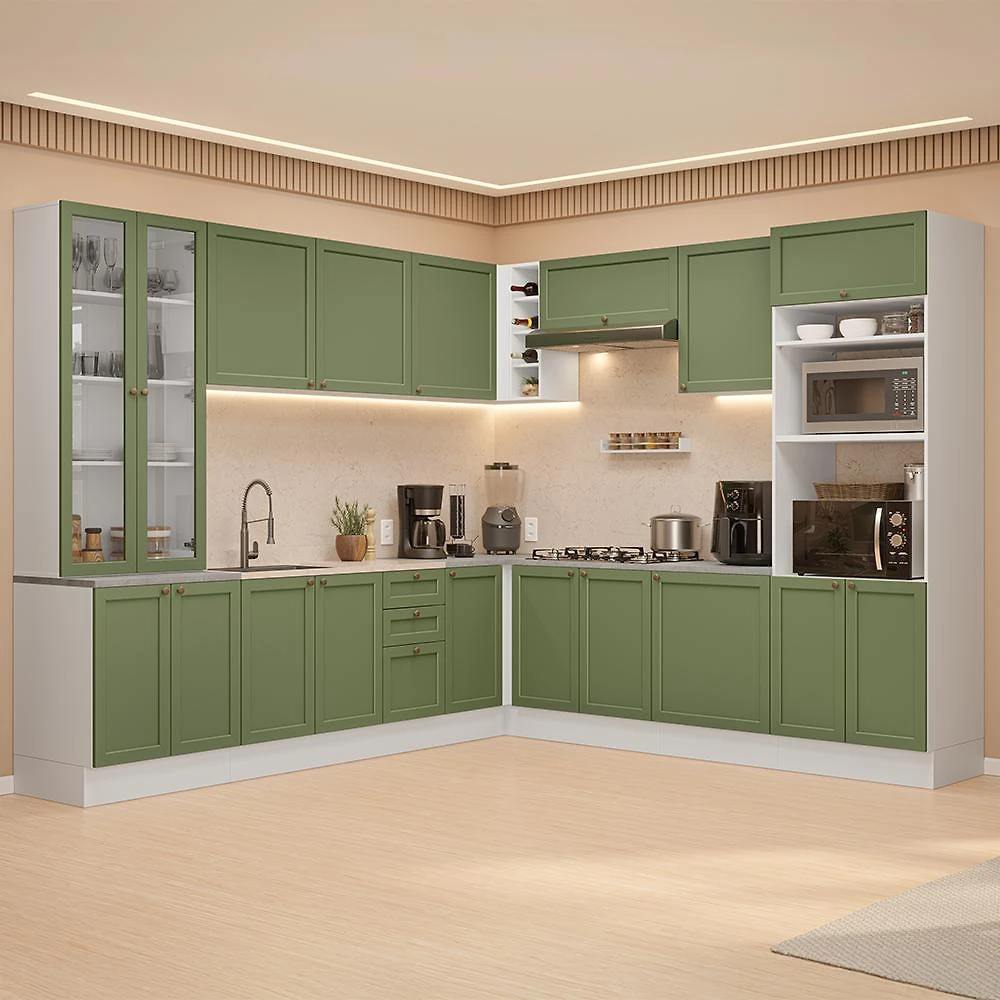 Armário de Cozinha Completa de Canto 549 cm Branco/Verde Vik Madesa 01