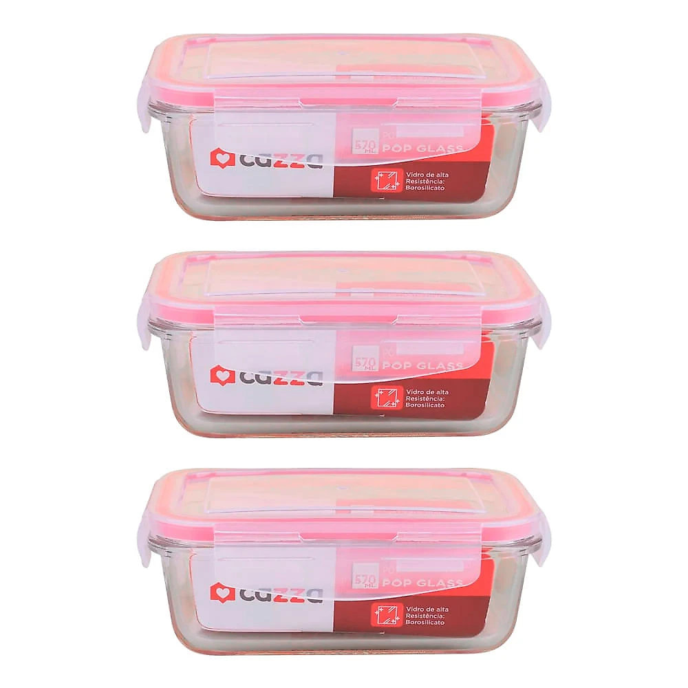Kit 3 Potes Retangulares de Vidro 570ml com Tampa Hermética Cazza