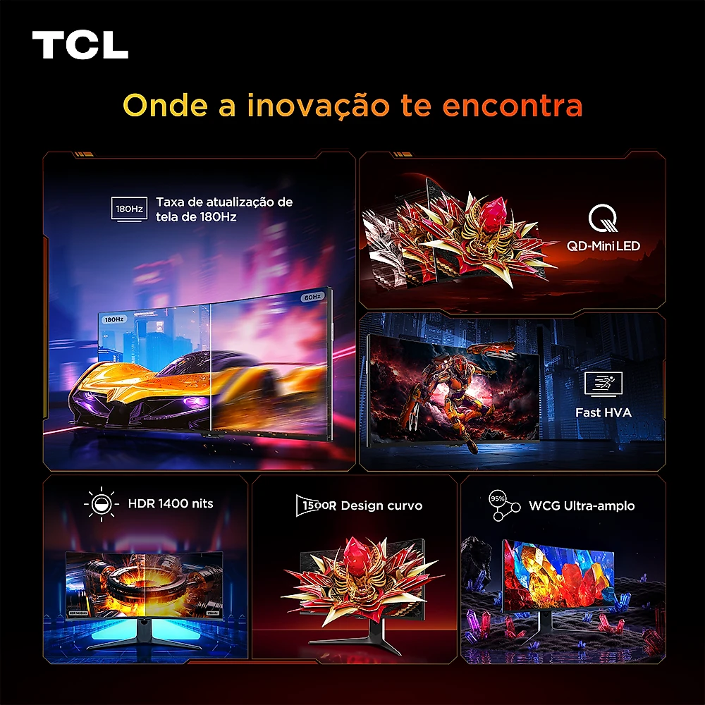 Monitor Gamer Curvo TCL 34 Polegadas QD-Mini LED WQHD R83Q 180Hz 1ms (GtG) HDR 1400 nits 34R83Q