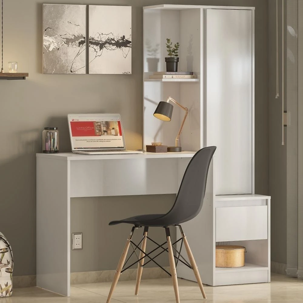 Escrivaninha com Estante Nexus Lewis Moderno 1 Gaveta 126CM Branco Demóbile