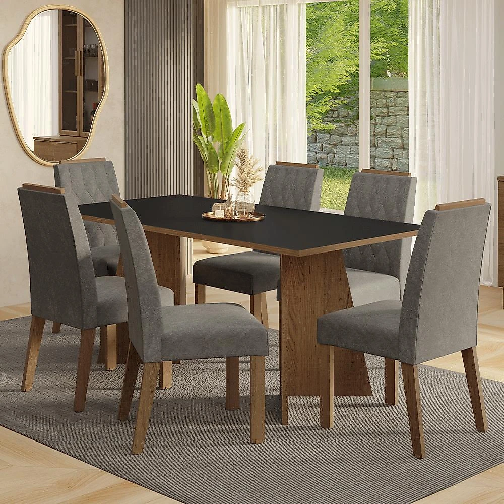 Conjunto sala de jantar tampo de madeira 6 cadeiras rustic/preto/silver york madesa