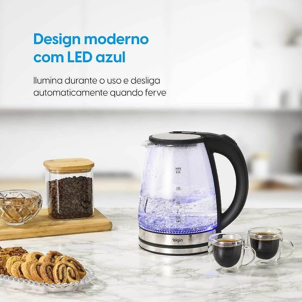 Chaleira Elétrica Elgin Visio Glass Pro 1200W 2L Vidro LED Azul 110V