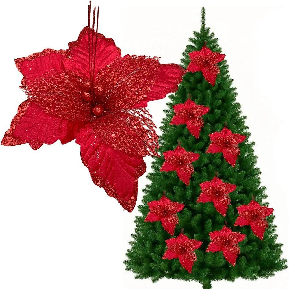 Flores árvore Natal Gliter Vermelho Decoração 25cm Kit 10pçs