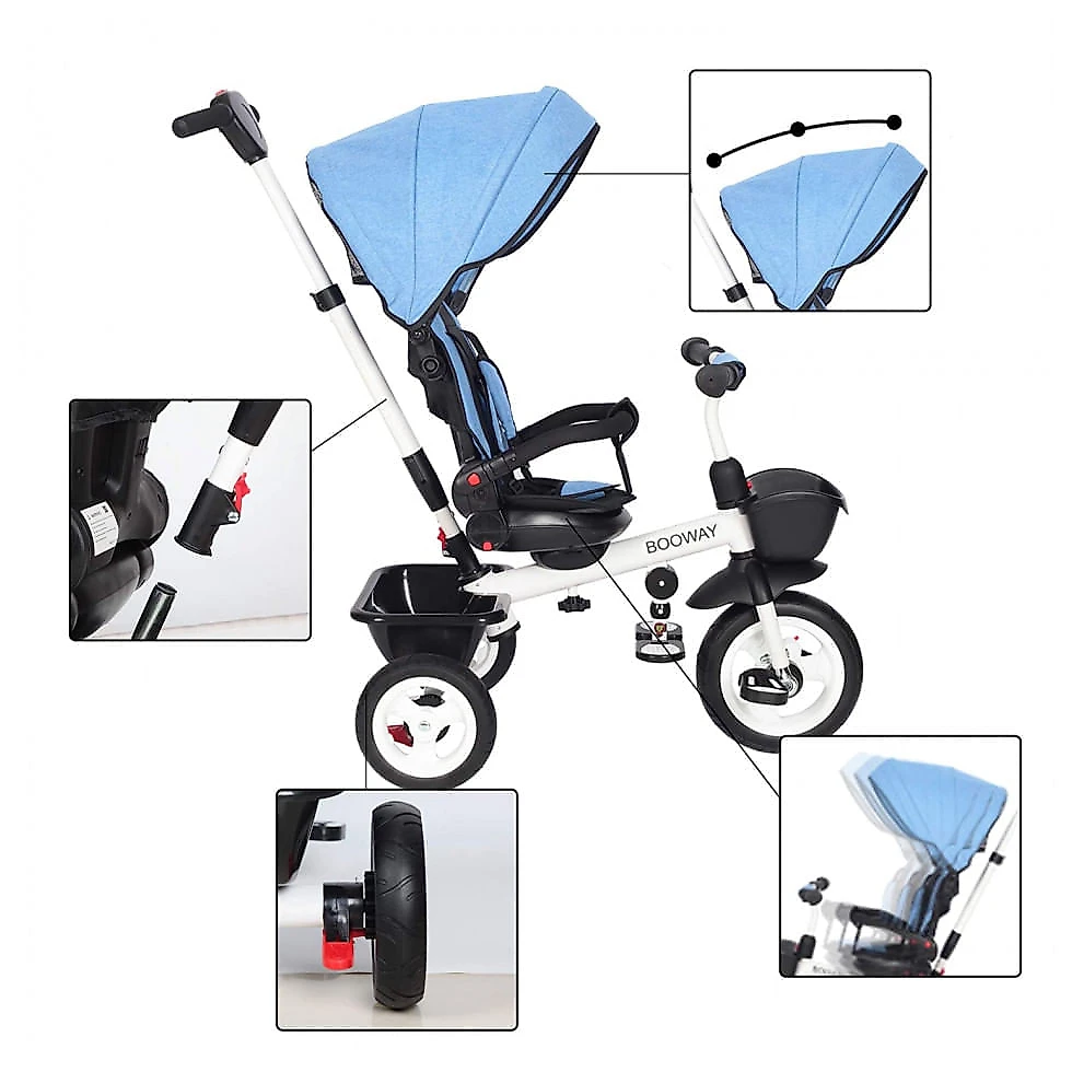 Triciclo Infantil para Passeio BOOWAY com Assento Ajustável 6 Estágios, Idade Recomendada 6 Meses a 5 Anos, Azul