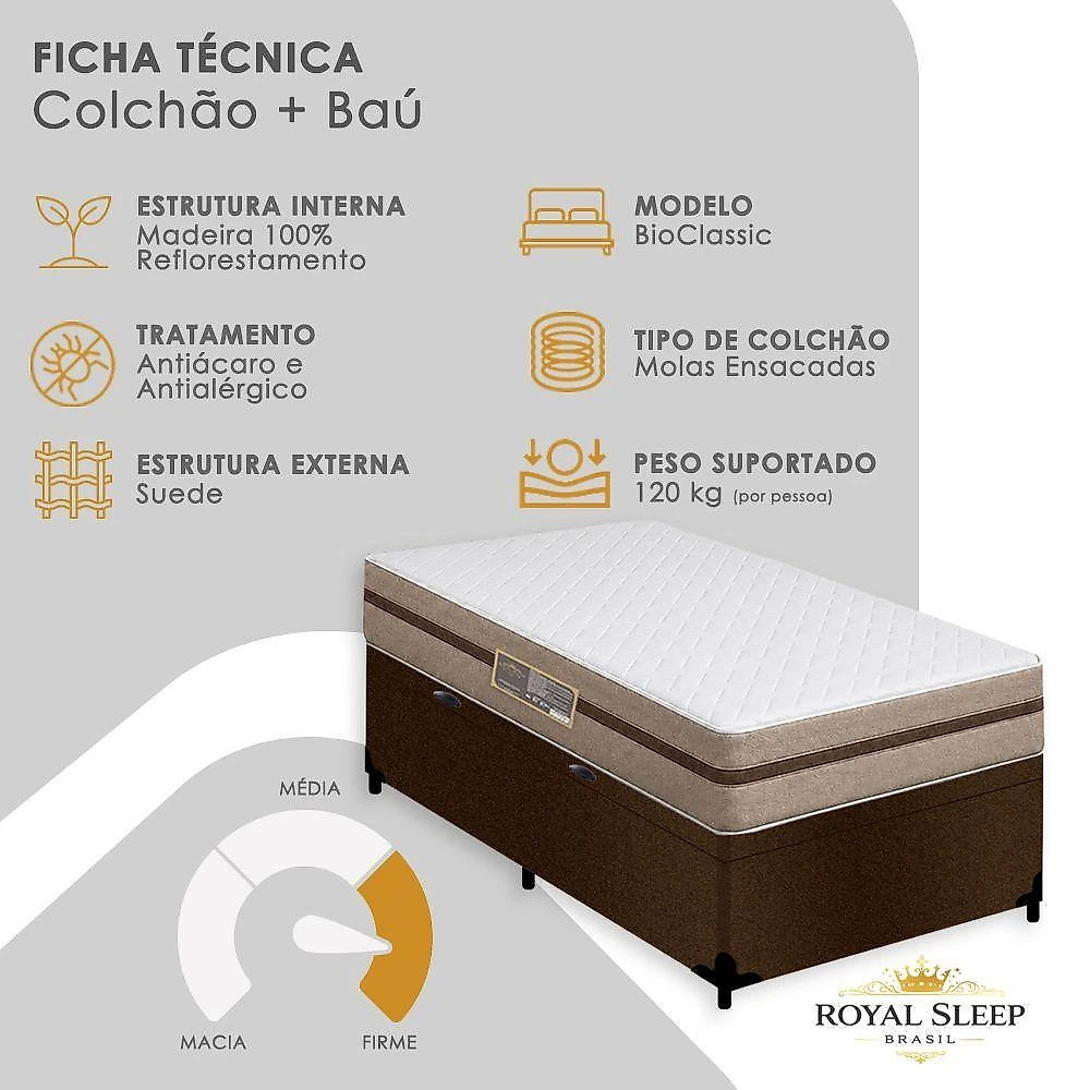 Cama Box com Baú Solteiro Bioclassic Molas Ensacadas Suede Marrom Royal Sleep 88CM