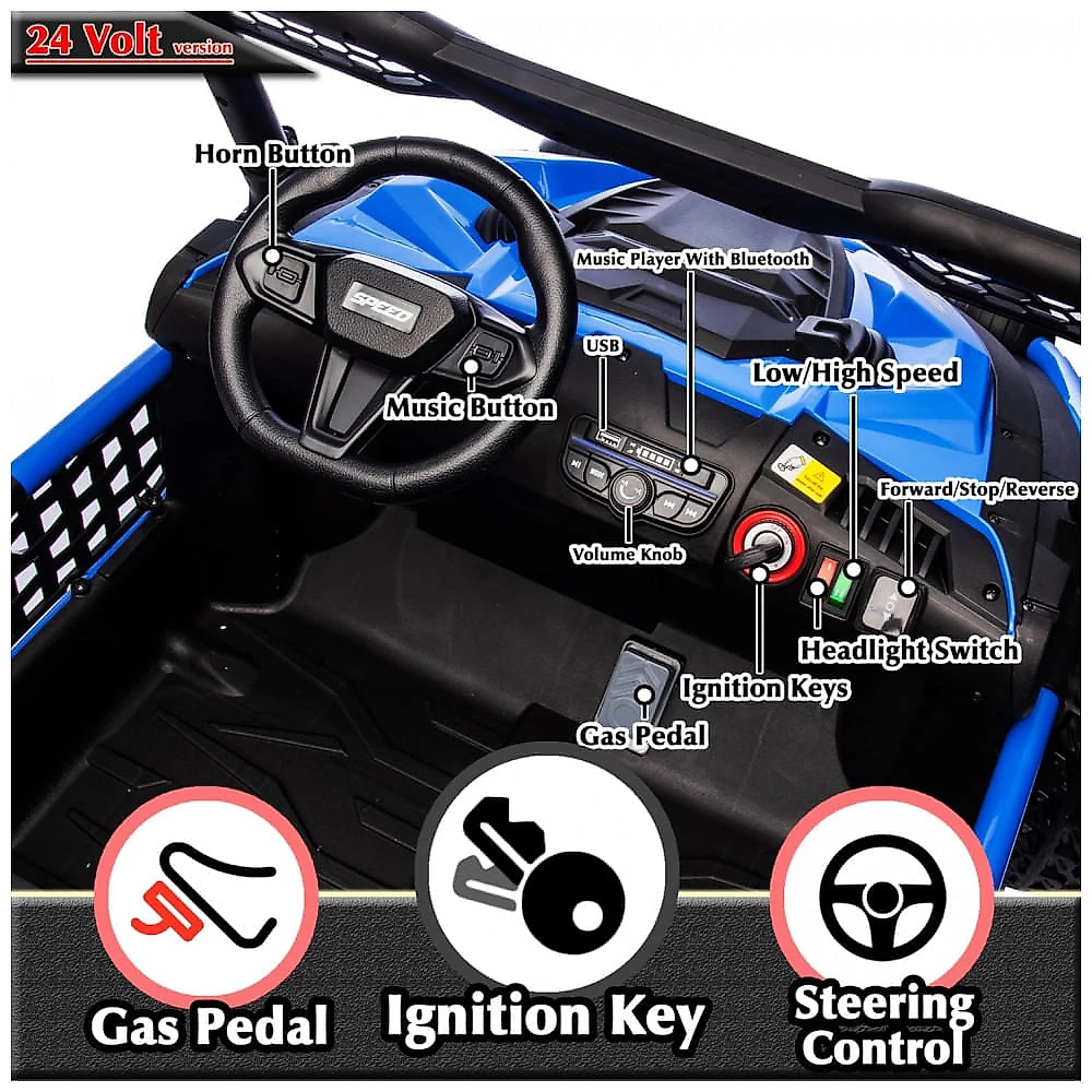 UTV Infantil Elétrico Sopbost Azul 24V 2 Lugares XXL 4 Motores 75W 4WD Pneus EVA Controle Remoto Bluetooth Estrutura Metálica