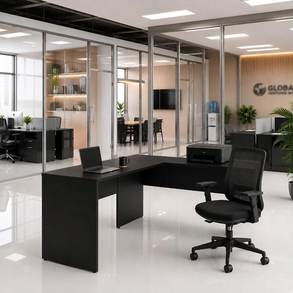Mesa de Escritório em L 120x60cm + Cadeira Ergonômica Reclinável com Apoio Lombar,Pistão Classe