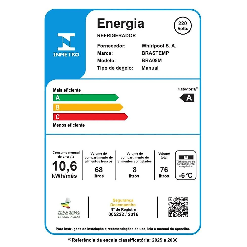 Frigobar Brastemp BRA08MB 76 Litros, Branco - 220V 220 Volts