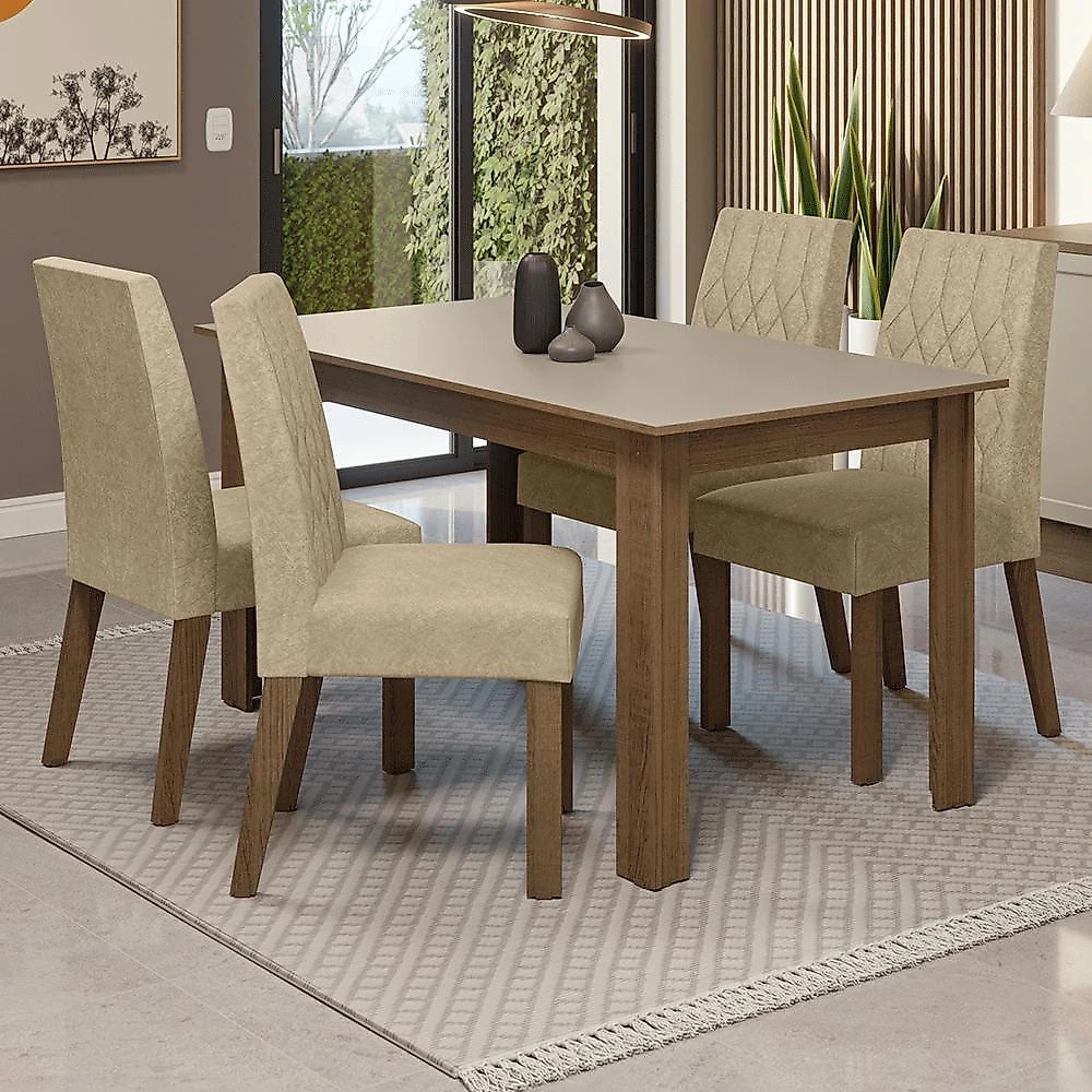 Conjunto sala de jantar lótus mesa tampo de madeira 4 cadeiras rustic/crema/suede imperial madesa rustic/crema/imperial