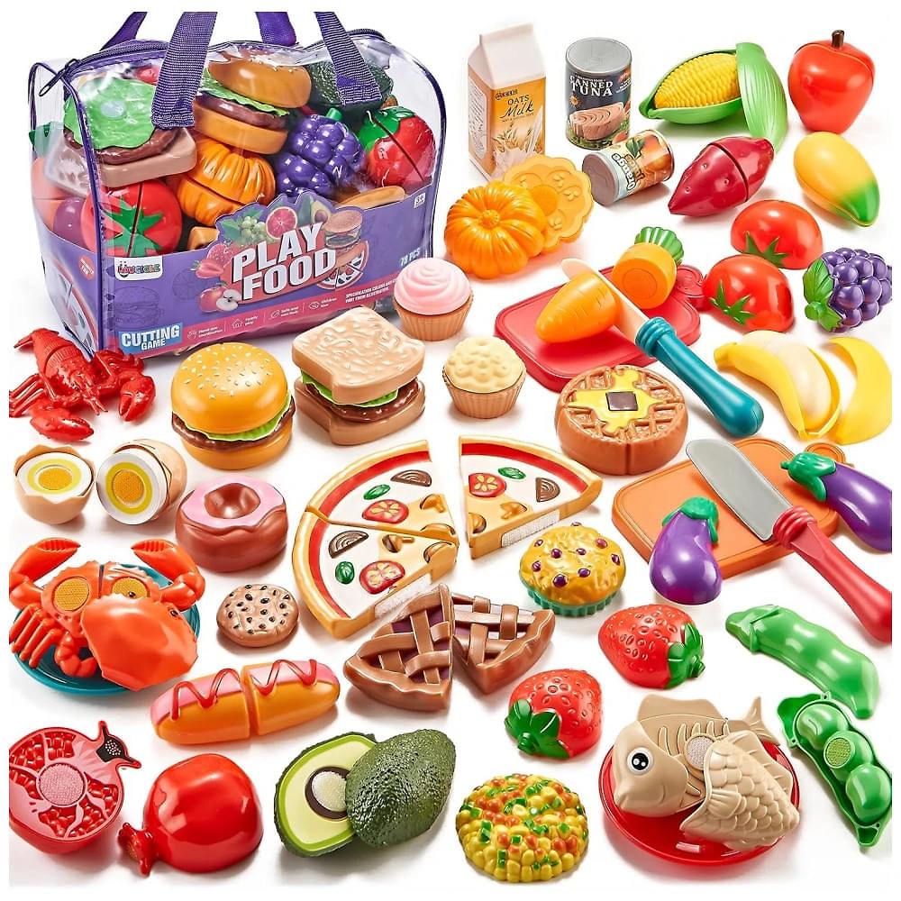 Comida de Brinquedo 78 Peças Com Sacola – Kit Cozinha Infantil Com Frutas, Legumes E Pizza.Laugigle.