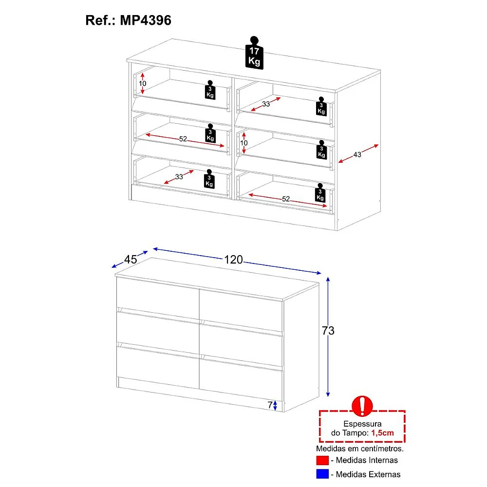 Miniatura Cômoda com 6 Gavetas 120cm Multimóveis MP4396 Branco