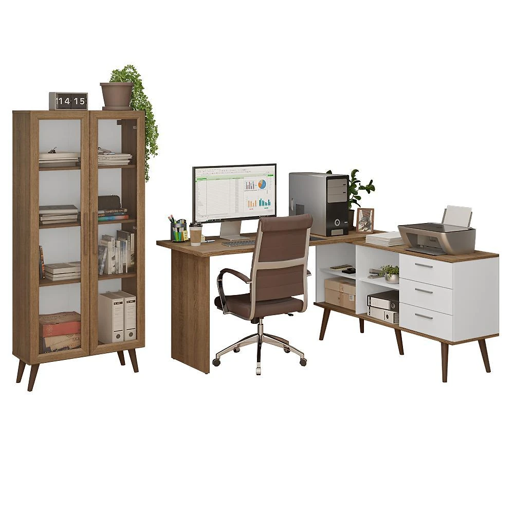 Kit 2 peças com escrivaninha em l 3 gavetas e armário multiuso com vidro rustic/branco madesa