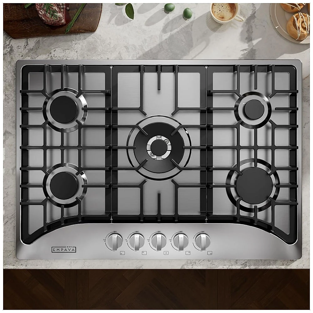Cooktop a gás 76cm Empava inox 5 queimadores SABAF selados 31600BTU dual fuel GN/GLP ignição elétrica 110V