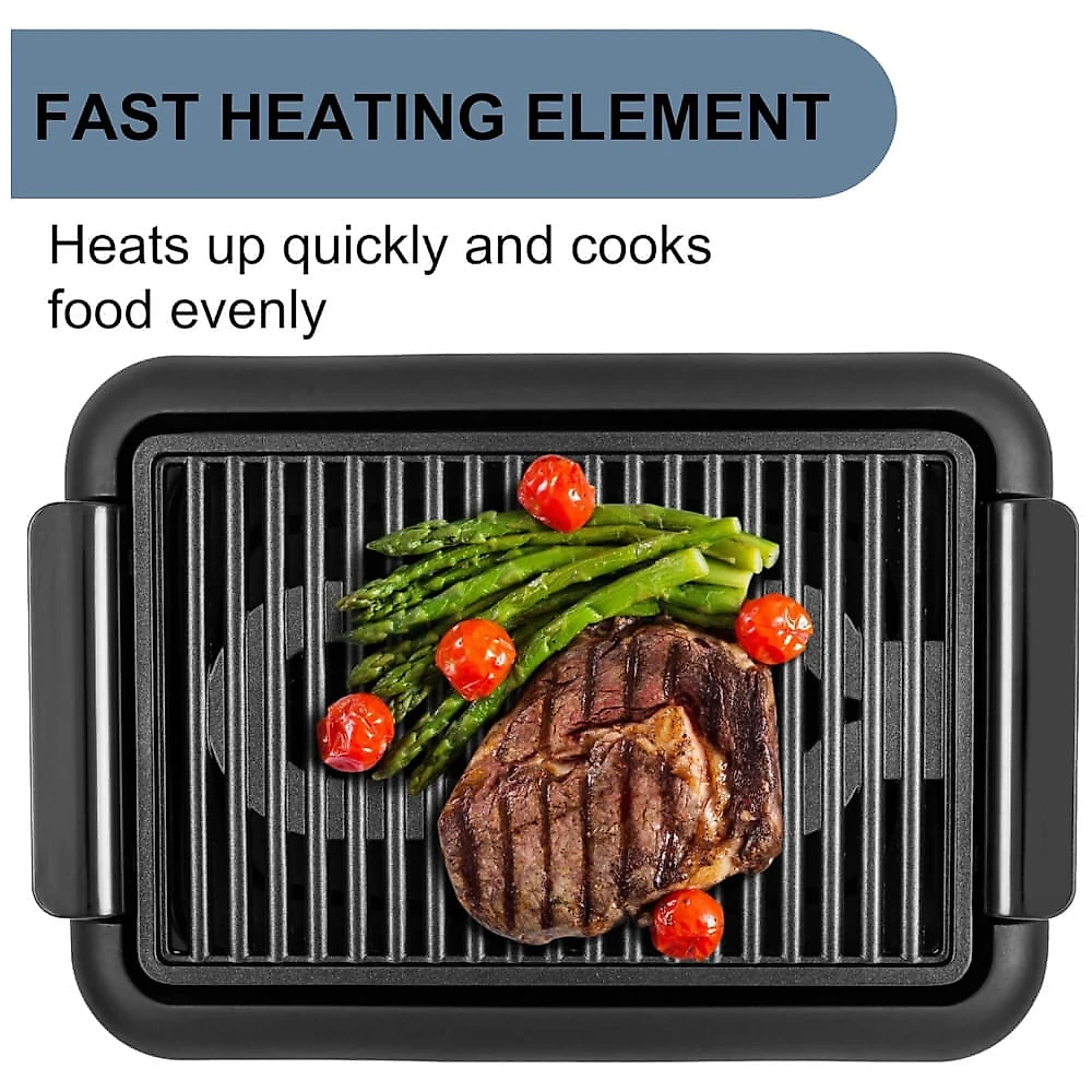 Churrasqueira Elétrica OVENTE com Superfície Antiaderente de 38x25 cm, 1200W, Controle de Temperatura, Placa de Grelhar e Bandeja de Resíduos.