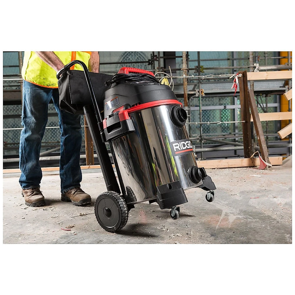 Aspirador de Pó Úmido e Seco em Aço Inoxidável de 60 Litros e Motor de Pico de 6,5 HP, 110V 1440W, RIDGID 1610RV, Prata